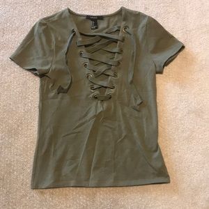 Army green lace up front short sleeve top
